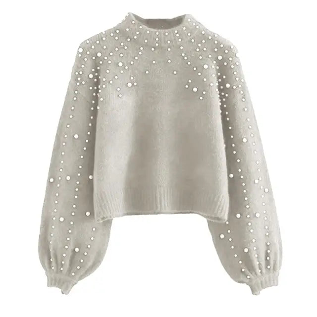 Street-Wave Pearl Embellished Crew Neck Knit Sweater With Balloon Sleeves For Women, Chic Winter Warmth