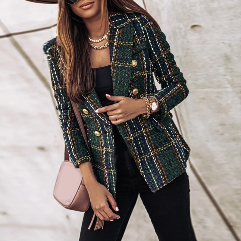 Street-wave Plaid Blazer For Women Warm Cozy Luxury With Textured Tweed Look And Timeless Style