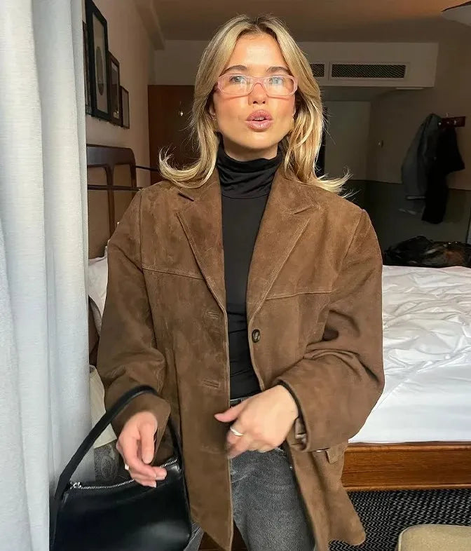 Street-wave Suede-Look Jacket For Women Short Length Classic Collar Button Front Closure Chic Everyday