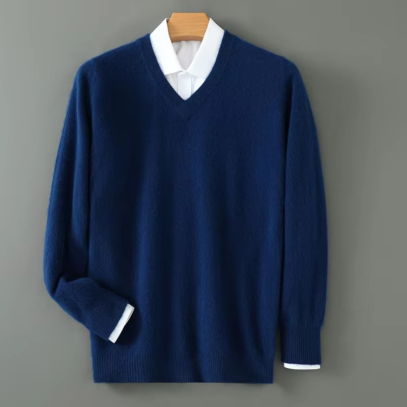 Street-Wave Men's Winter Cashmere Blend V Neck Sweater Loose Fit Plus Size Knitted Pullover For Warmth