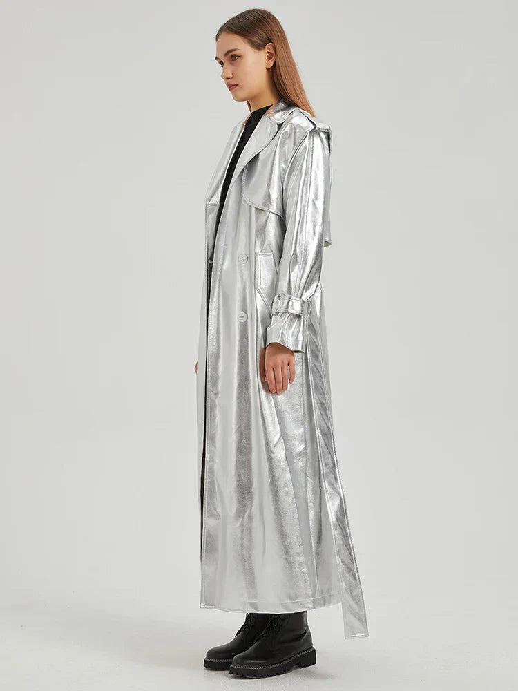 Street-Wave Kinda Love Metallic Faux Leather Trench Coat For Women With Reversible Collar And Full Length Comfort