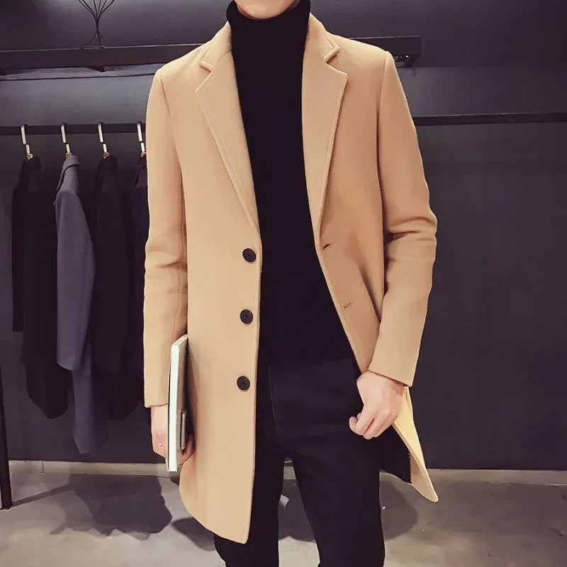 Street-wave Mens Long Wool-Blend Coat With Button Closure, Timeless And Elegant Everyday