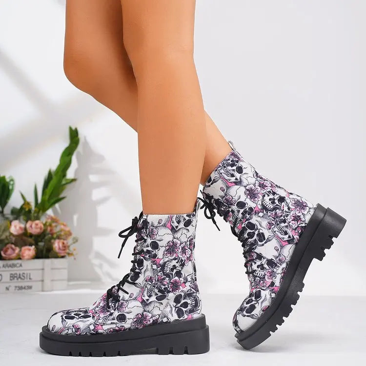 Street-wave Women's Lace-Up Boots Floral Print All-Season Comfort Chunky Lug Sole Casual Wear