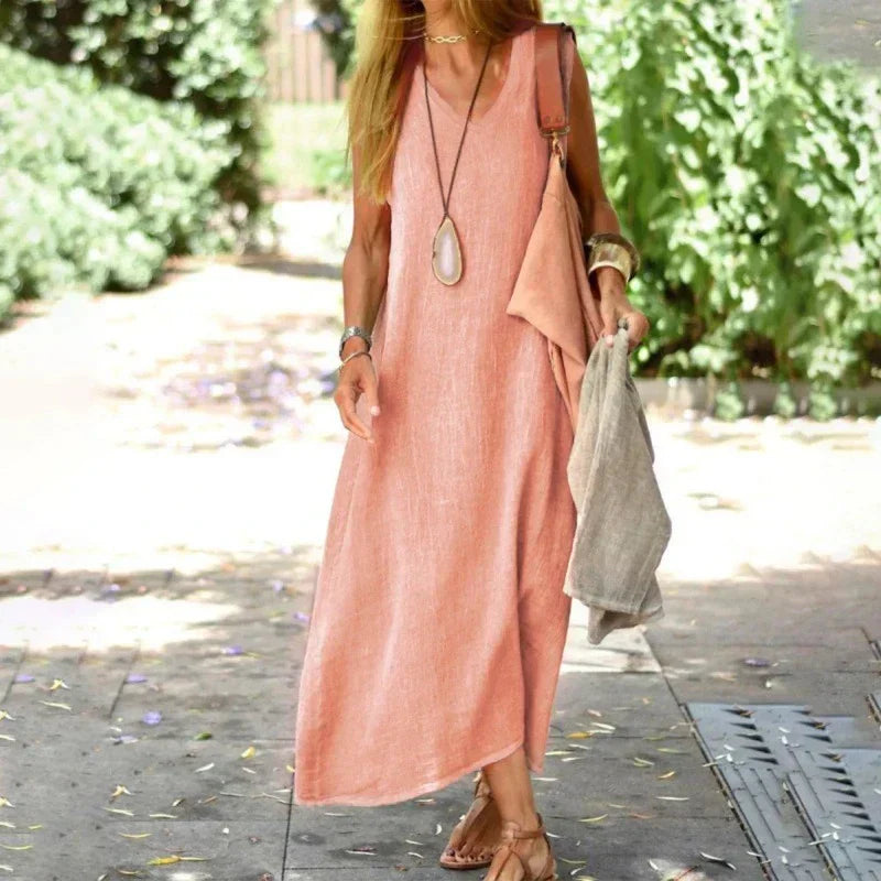 Geneva Dress By Street Wave Breathable Linen Cotton Maxi For Women Sleeveless V Neck Casual Vacation Ready