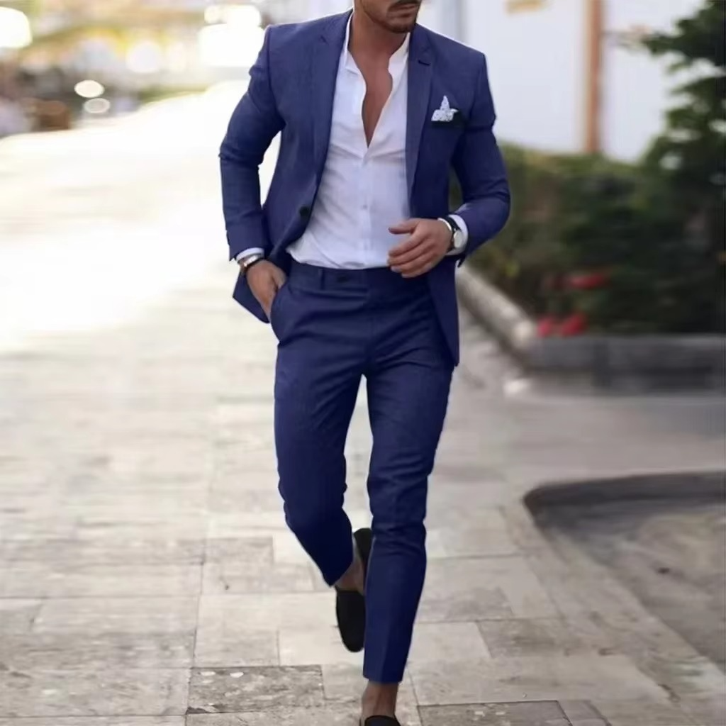 Street-Wave Men's Breathable Linen Two Piece Blazer And Pants Suit Set For Weddings Beach Parties Summer Events
