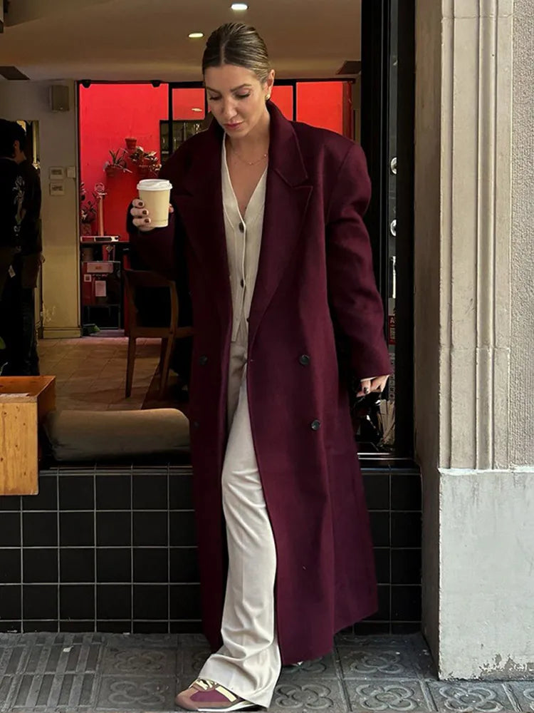 Street-Wave Burgundy Polyester Long Coat For Women With Double Button Closure For Elegant Everyday Wear