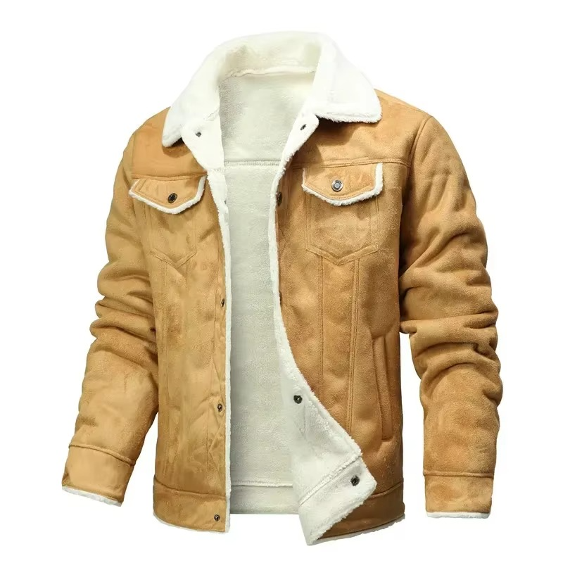 Street-Wave Mens Winter Suede Leather Coat With Thick Fleece Lining And Turn Down Collar
