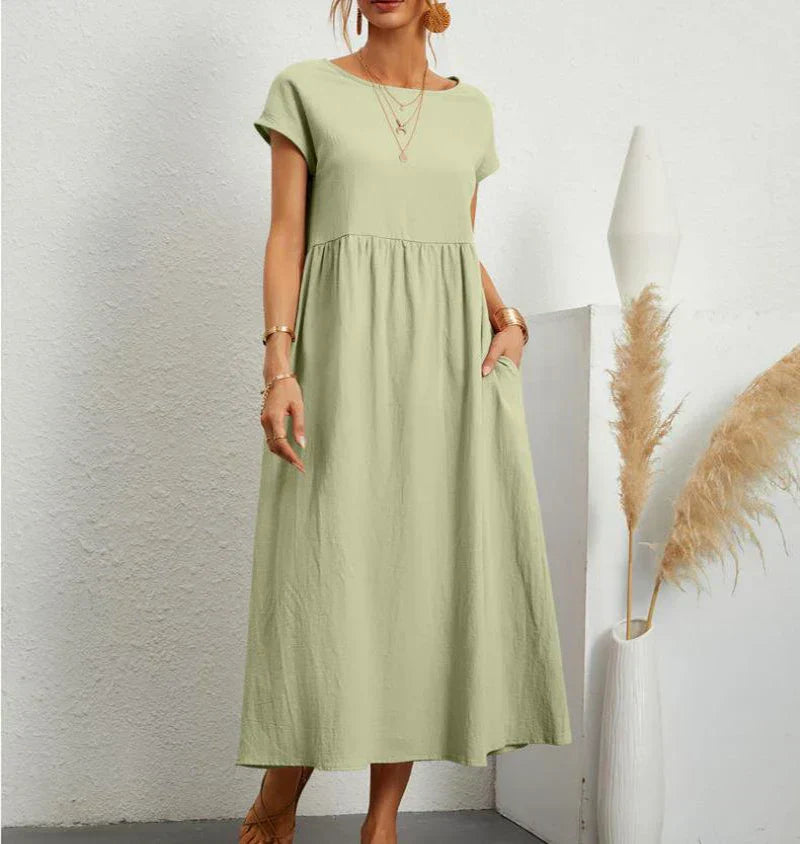Street Wave Women's Midi Dress With Comfortable Structured Bust Detail Airy Cotton Linen Blend For Everyday Summer Look