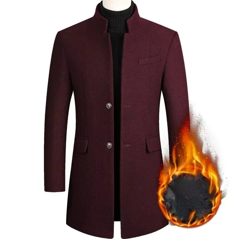 Mens Medium Long Wool Blend Trench Coat For Autumn And Winter Burgundy Classic Warmth And Sophisticated Style