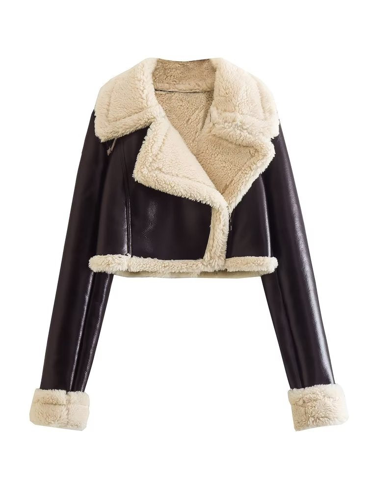 Street-Wave Warm Faux Leather Jacket With Shearling Lining For Women Cozy Winter Coat
