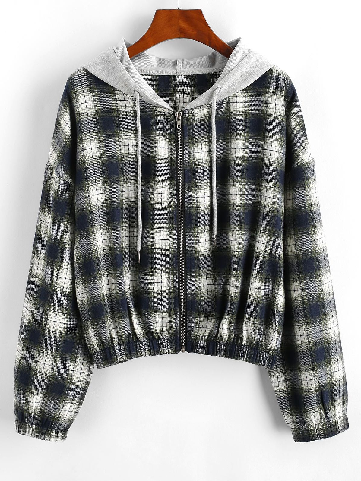 Street-wave Women Plaid Hoodie Jacket Cropped Fit With Front Pockets Cozy Winter Warmth