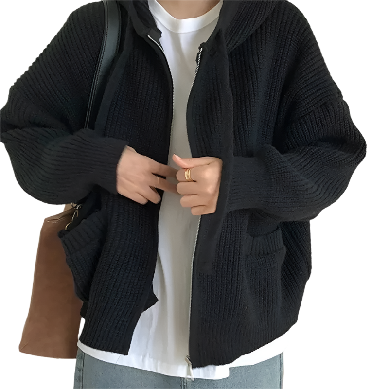 Street-Wave Oversized Knit Hoodie With Zip For Women Relaxed Fit Warm Winter Essential With Front Pockets