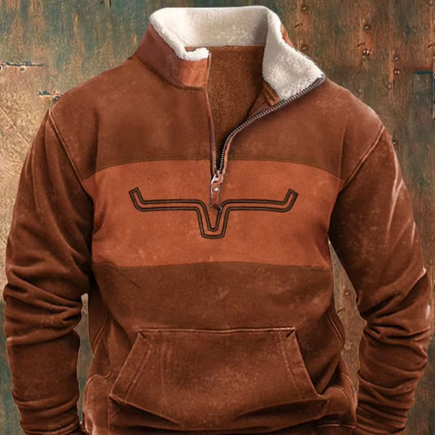 Men's Retro 3D Printed Hooded Jacket With Leather Collar And Zipper Closure For Cold Weather