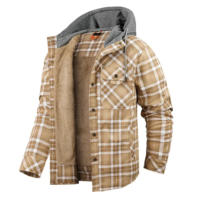 Street Wave Warm Plaid Shirt Jacket With Hood Lined Sherpa For Outdoor Adventurers