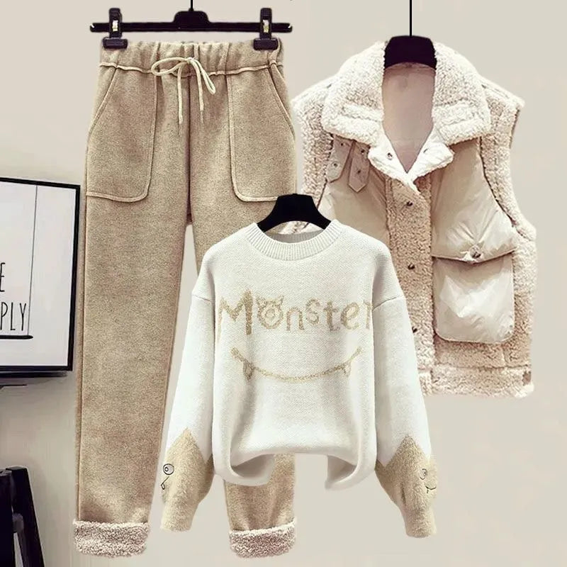 Street-Wave Winter Three-Piece Set for Women Cozy Fleece-Lined Warmth with Plush Vest