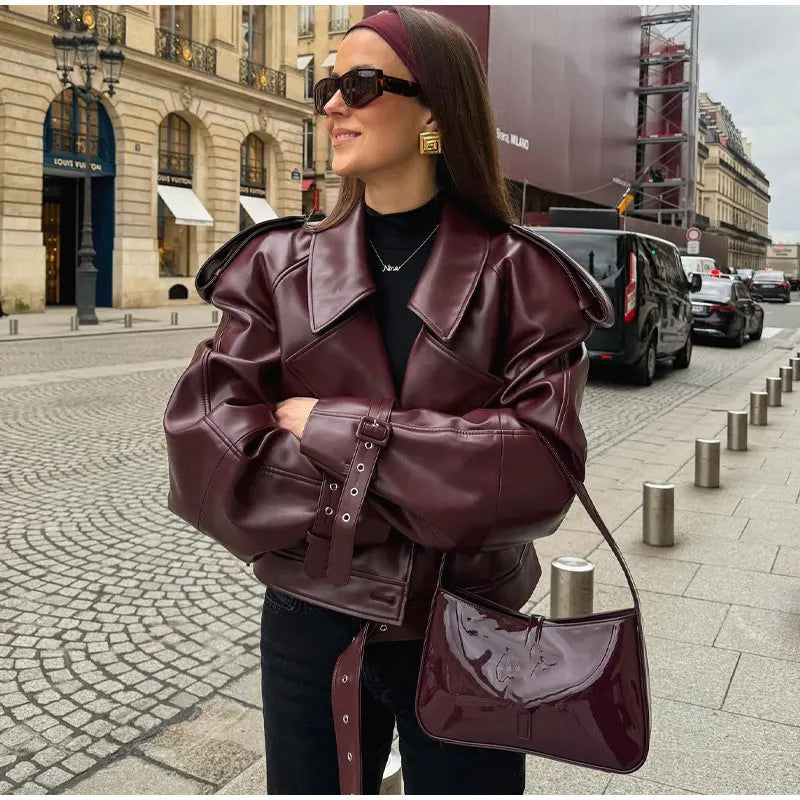 Street-wave Burgundy Leather-Look Jacket For Urban Explorers With Durable Polyester And Zipper Closure Front Pocket