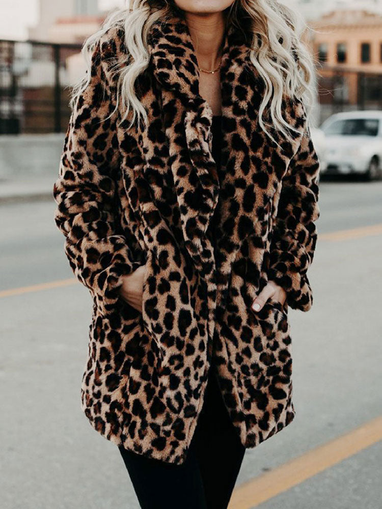 Street-wave Leopard Print Faux Fur Coat With Oversized Collar And Warm Lining For Fashionable Women
