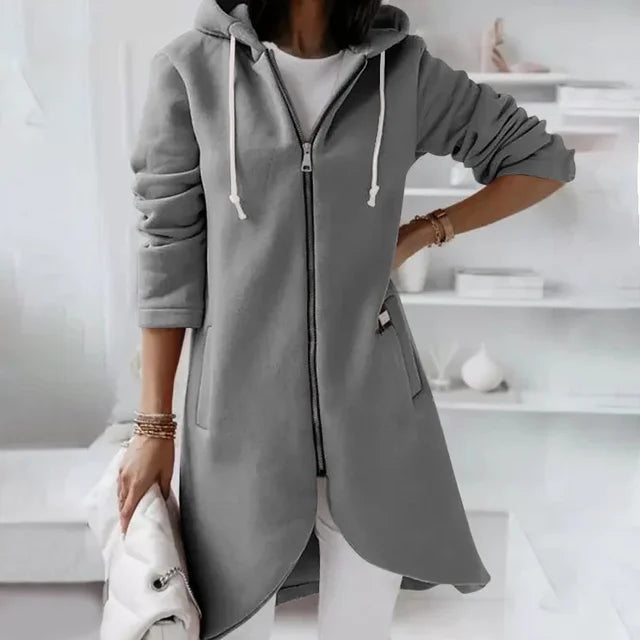 Street Wave Cozy Hooded Cardigan With Curved Hem And Double Pockets For Women Cotton Blend Comfort