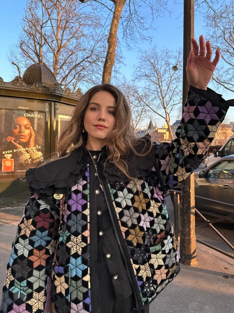 Street-Wave Multicolor Patchwork Quilted Jacket For Women Bold Colorblock Comfort And Elegance