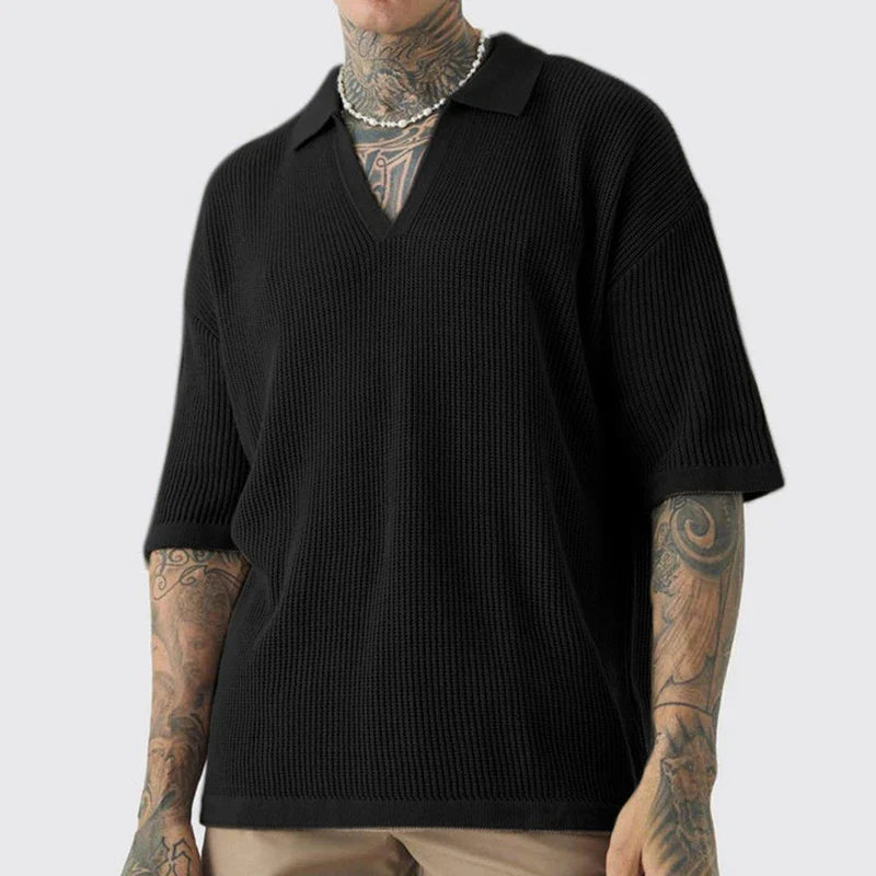 Street-Wave Calloway Waffle Weave Polo Shirt for Men in Organic Cotton with Deep V Neck and Relaxed Fit