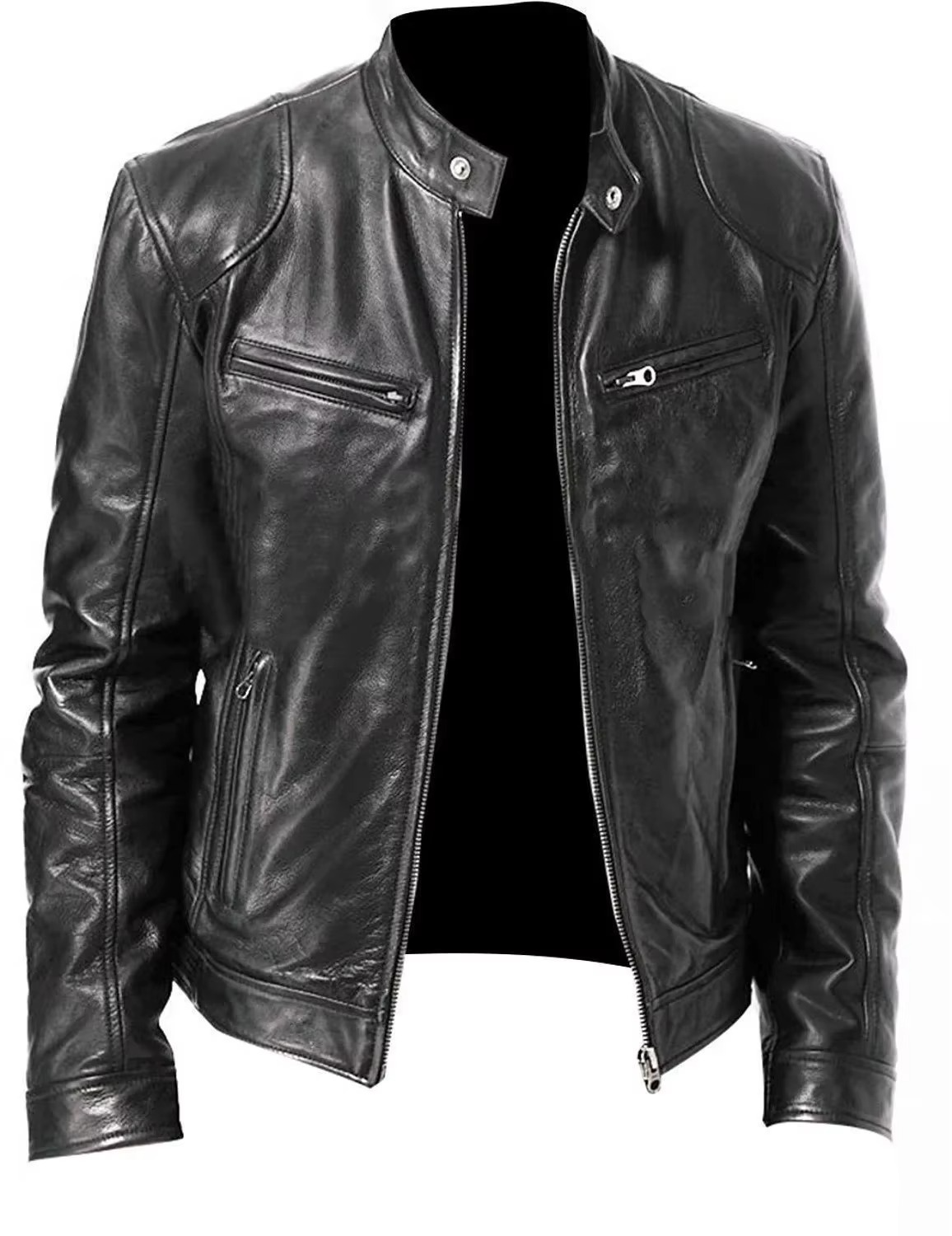 Men's Slim Fit PU Leather Jacket With Stand Collar Wind Resistant Motorcycle Style