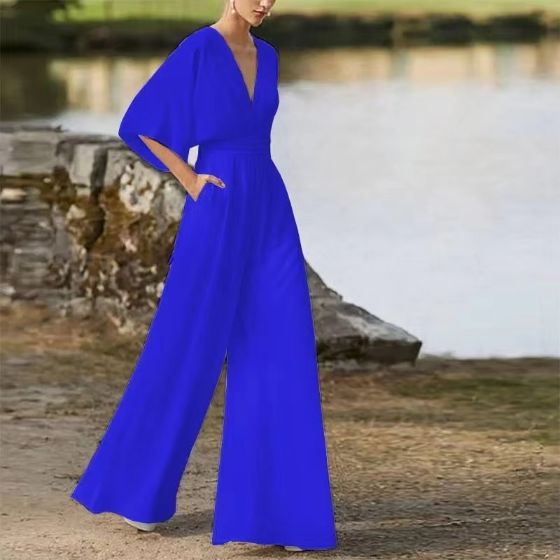 2025 Spring Summer Pure Color Side Button Commuter Low Waist Long Jumpsuit