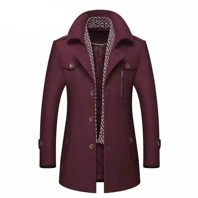 Street-Wave Men's Mid Length Wool Blend Winter Coat With Scarf Collar Padded Warm Overcoat M to 5XL