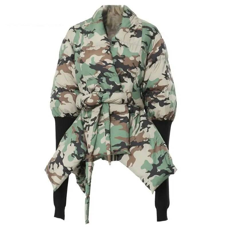 Street-wave Puffer Jacket for Urban Streetwear Fans Belted Cushy Warmth Printed Polyester Cotton Lining