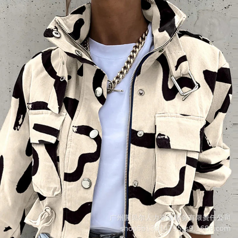 Street-Wave Jacket Abstract Print Cropped For Fearless Style Seekers Bold Polyester Coat
