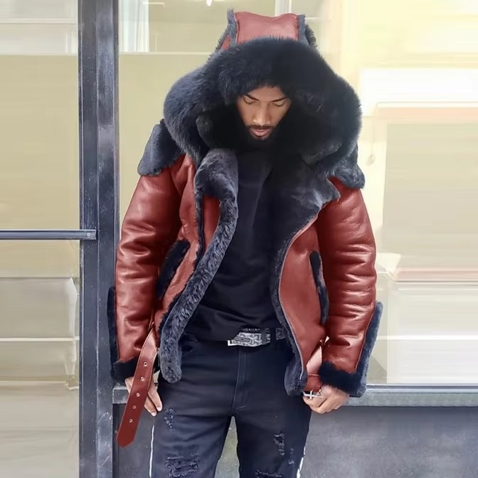 Street-Wave Mens Winter Leather Jacket With Fur Collar And Wool Lining Heavyweight Warm Outerwear For Cold Weather