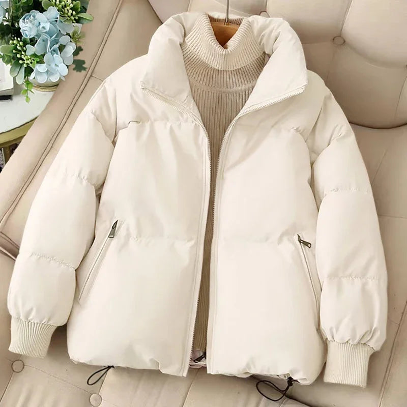 Street-Wave Winter Puffer Jacket With Zipper And Stand Collar For Women Cozy Yet Stylish Cold Weather Coat