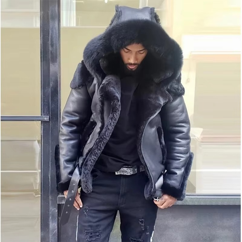 Street-Wave Mens Winter Leather Jacket With Fur Collar And Wool Lining Heavyweight Warm Outerwear For Cold Weather