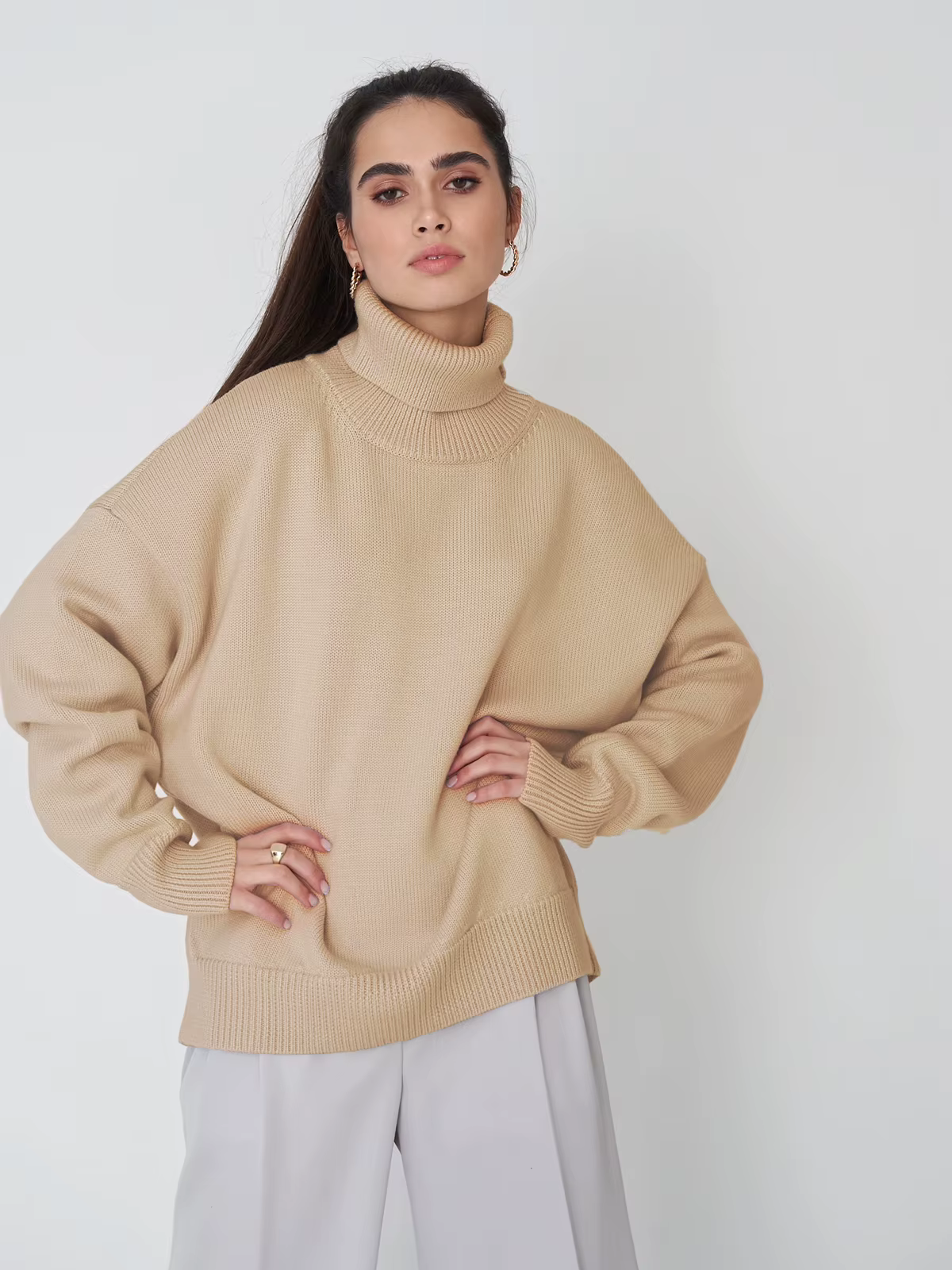 Street Wave Oversize Pullover With Stand Collar For Women Cozy Knitwear For Everyday Comfort