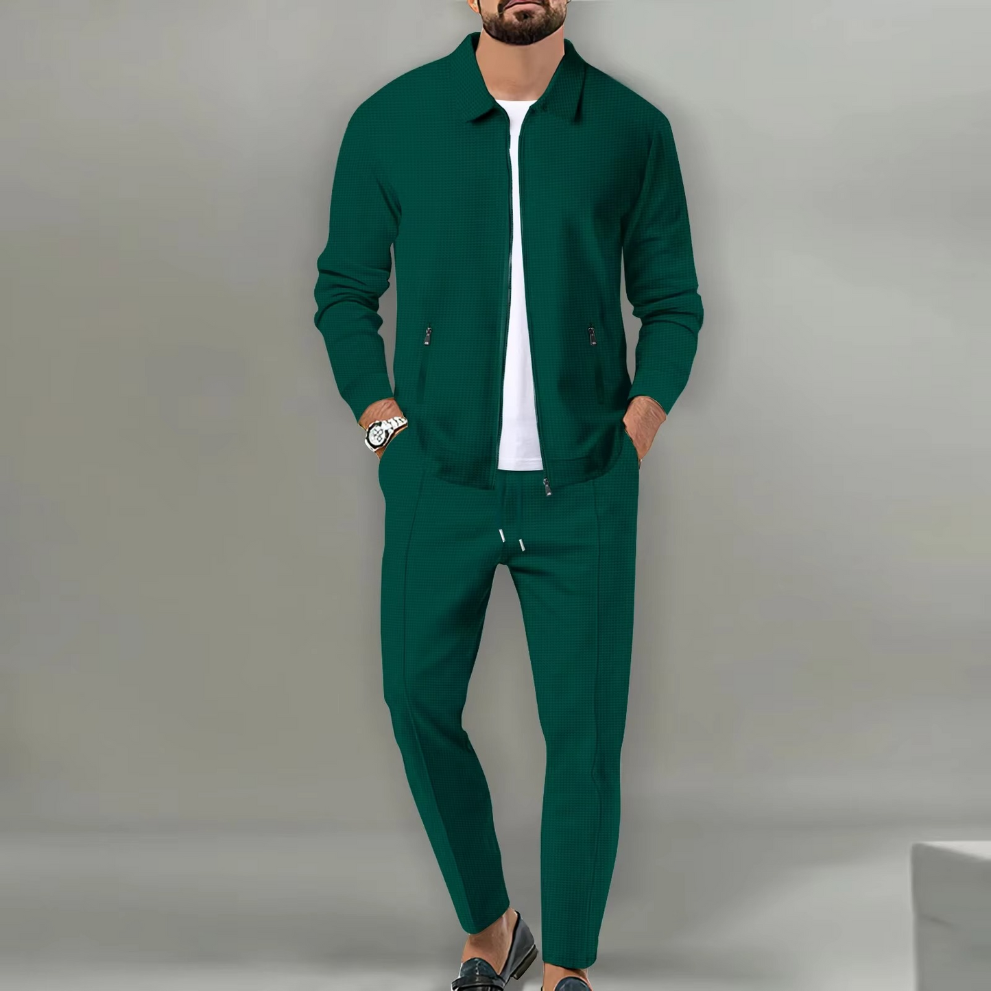 Street-Wave Mens Two Piece Long Sleeve Polo Jacket Shirt With Matching Drawstring Pants Set For Everyday Comfort