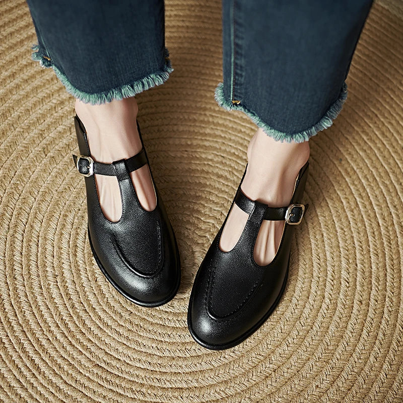 Women's T-Strap Flats with Round Toe and Low Heel