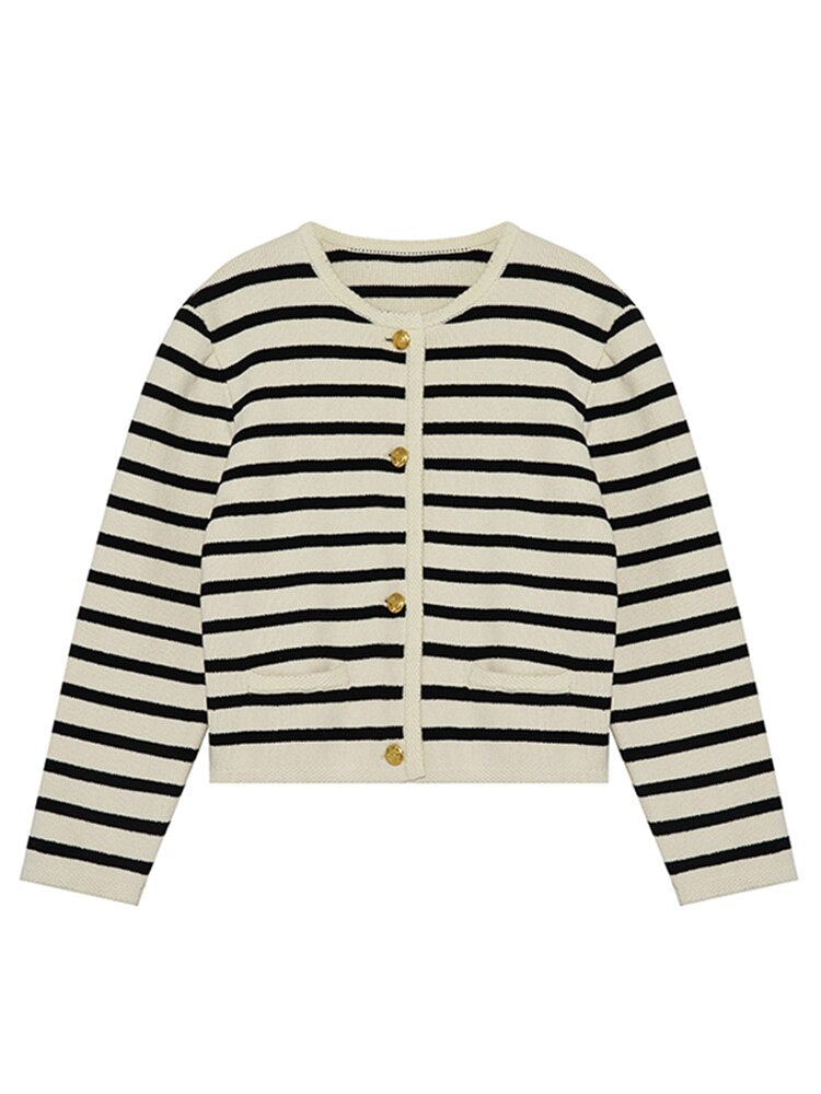 Street-wave Cropped Striped Cardigan For Women With Gold Button Front And Cozy Knitwear