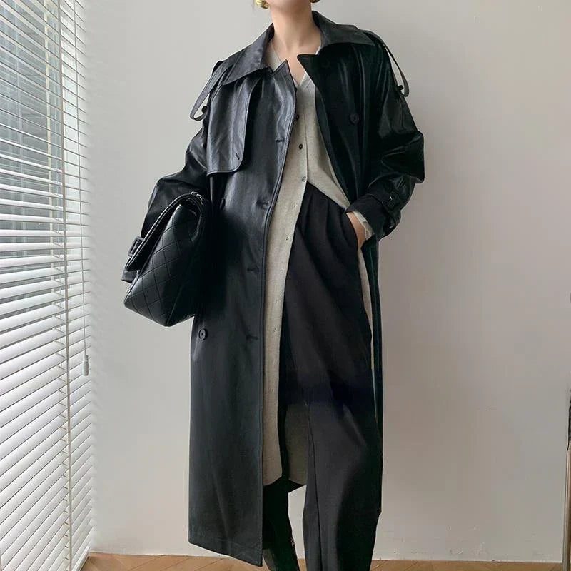 Street Wave Leather Look Trench Coat For Women Stylish Modern Long Coat With Timeless Charm