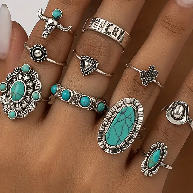 Women's Western Ring Set with 10 Unique Pieces and Versatile Styles - Street-Wave