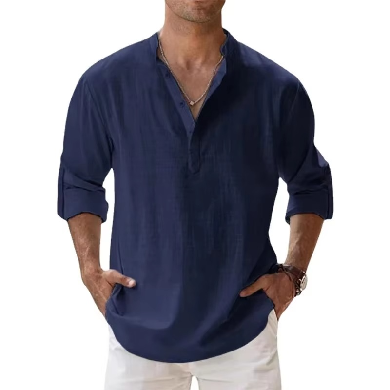 Street-Wave Lightweight Cotton Linen Henley Shirt For Men Long Sleeve Beachwear Casual Summer Essential