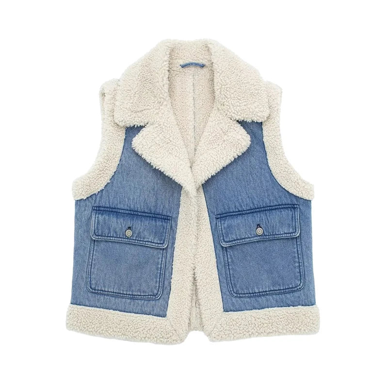 Street-wave Winter Denim Jacket Vest With Cozy Fleece Lining For Streetwear Fans
