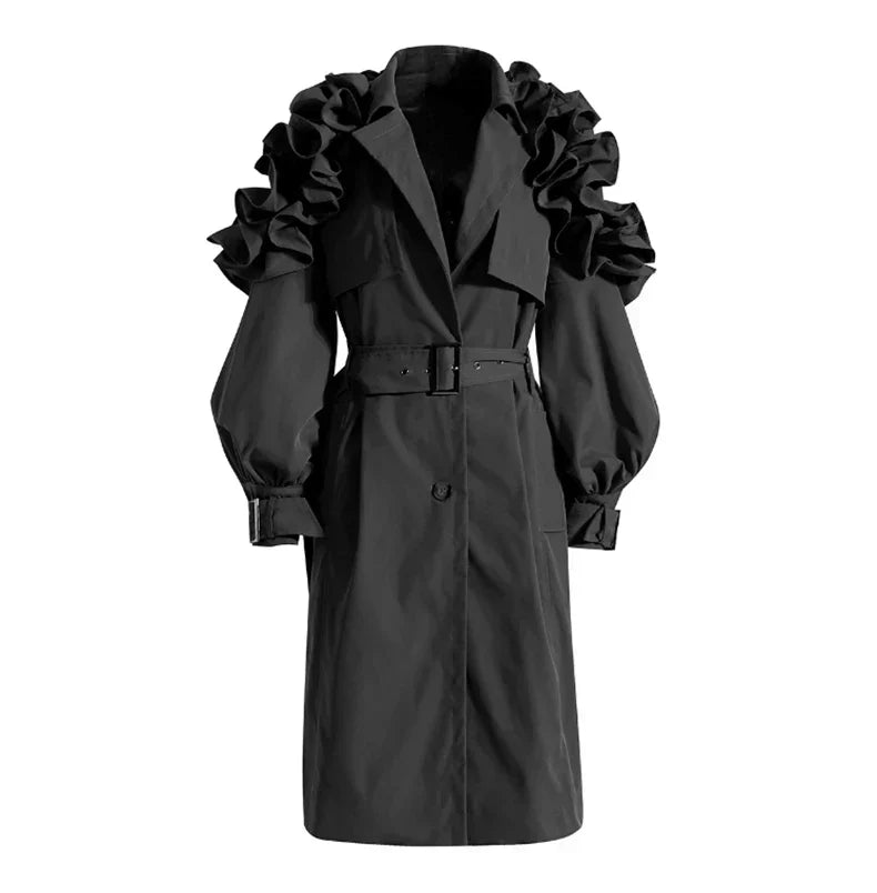 Radiant Eclipse Coat By Street-Wave Bold Trench With Dramatic Ruffled Shoulders For Fashion-Forward Women