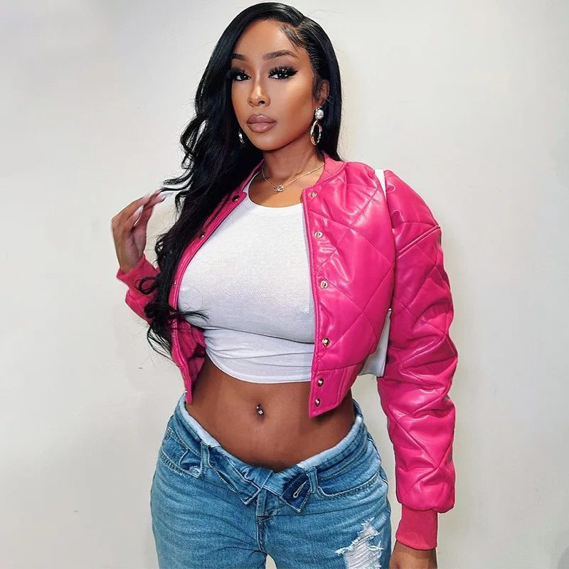Street-wave Pink Quilted Cropped Jacket With Belt For Women Shiny Puffer Streetwear Essential