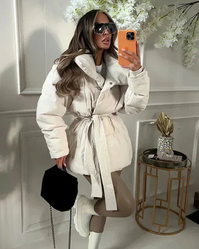 Street-wave Puffer Coat For Women With Belt And Oversized Collar Warm Brown Winter Coat