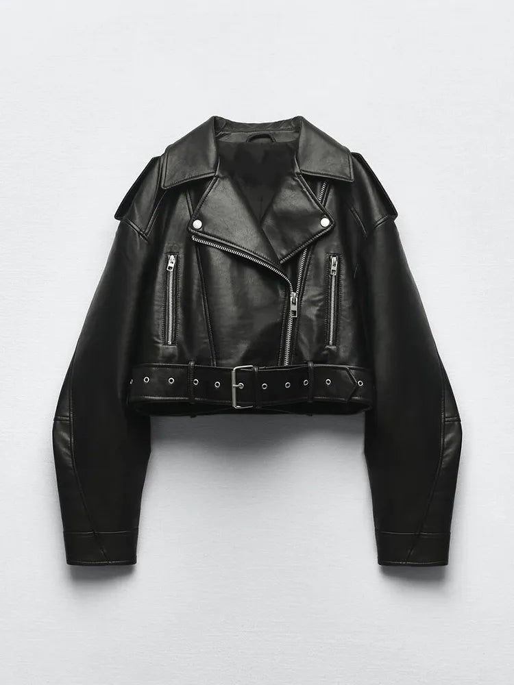 Street-Wave PU Leather Jacket For Women Short Cropped Belted Chic Outerwear For Everyday Style
