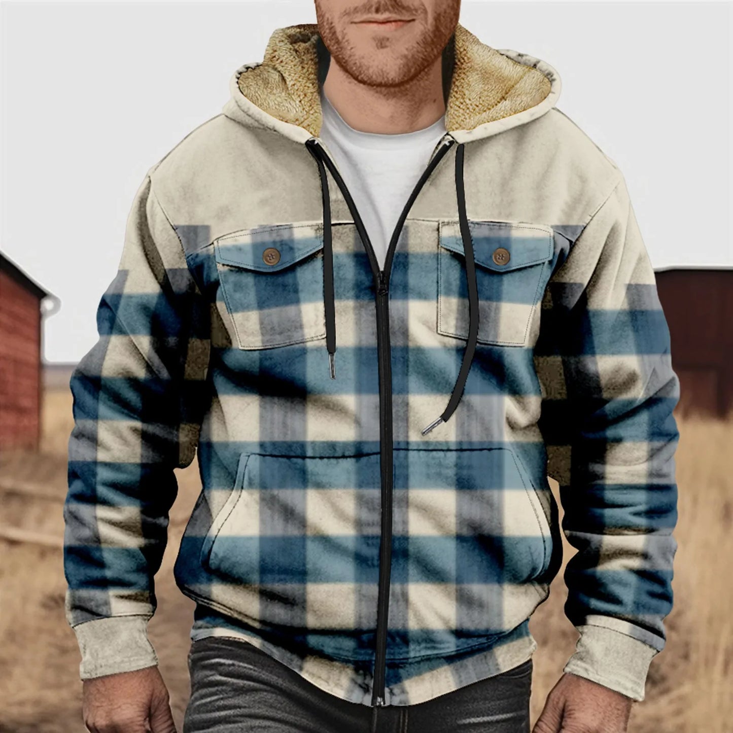 Street-Wave Men's Fleece-Lined Plaid Flannel Hooded Shirt With Zip Front For Cold Weather