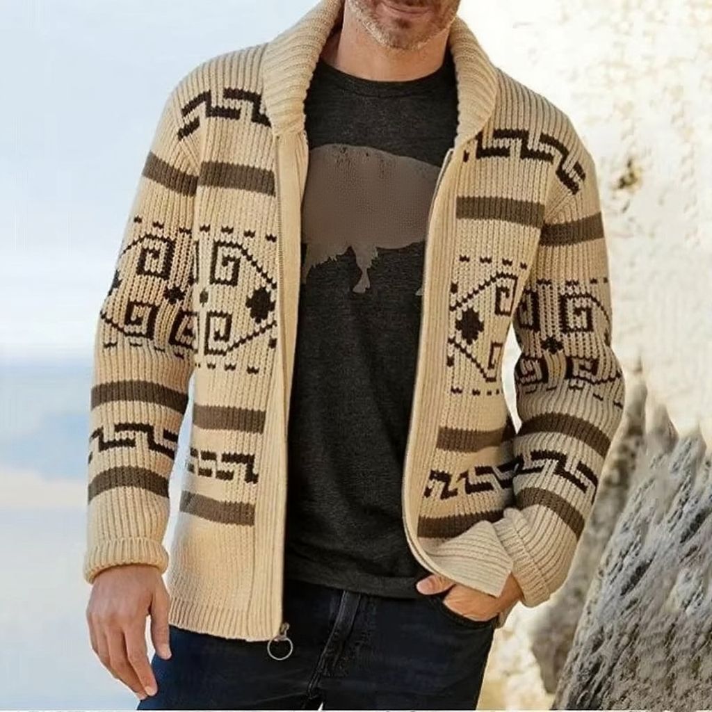 Street-Wave Men's Vintage Jacquard Knit Shawl Collar Zipper Cardigan Warm Winter Layering For Everyday Wear