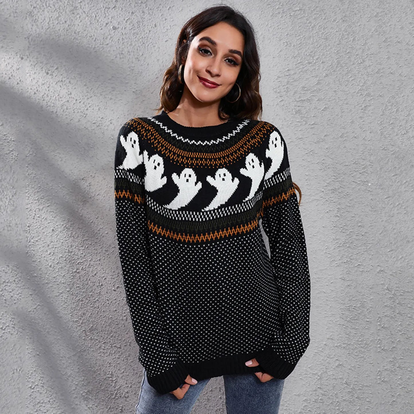 Street-Wave Halloween Ghost Sweatshirt For Women Cozy Knit Pullover With Ghost Motif And Warmth