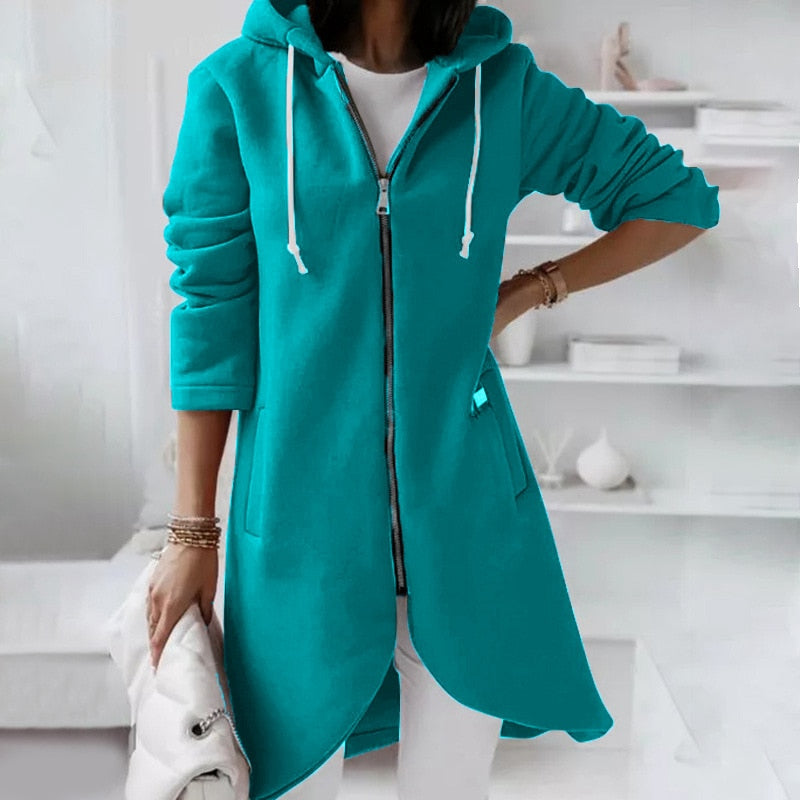 Street-wave Mid Length Hooded Coat for Women Cozy Outdoor Outerwear Versatile Style