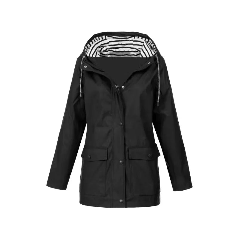 Street-Wave Navy Windbreaker Jacket For Women Lightweight Windproof Coat With Striped Hood Lining