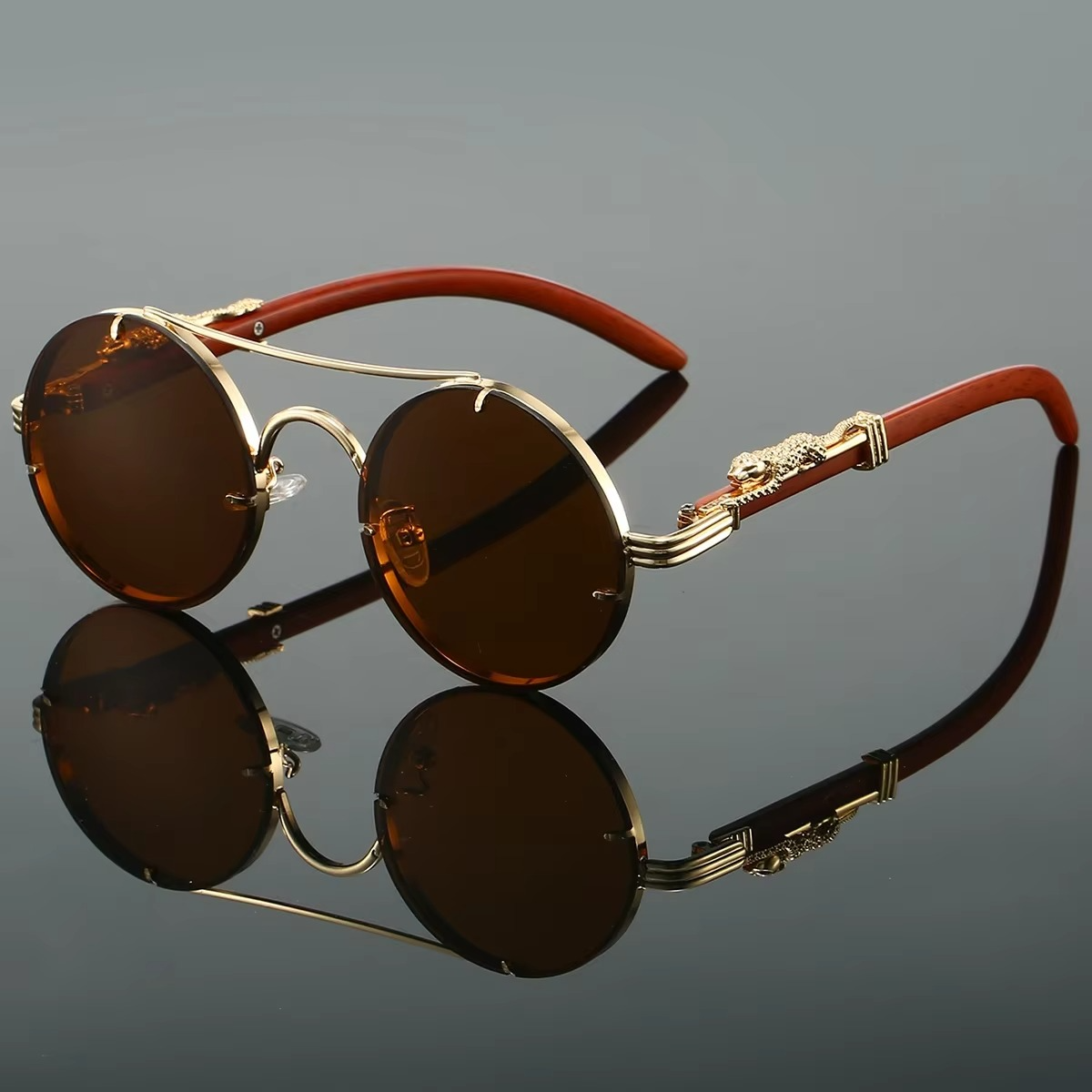 Vintage Round Sunglasses With Double Bridge Unisex Gold Tone Frame Red Tinted Lenses By Street-Wave